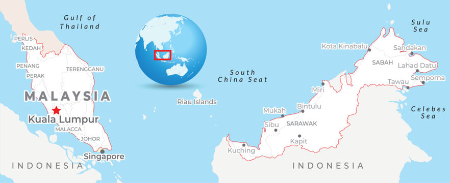 Malaysia map with capital Kuala Lumpur, most important cities and national borders