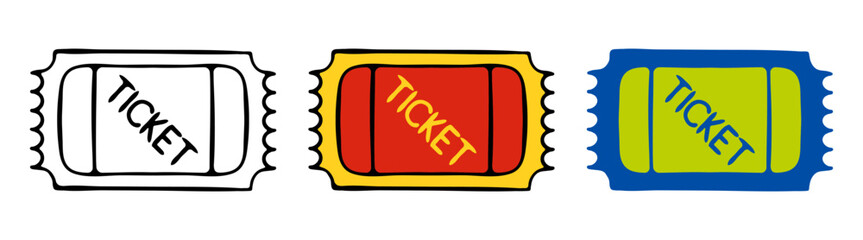 Ticket. Coupon, check, reservation, guarantee, pass, event, transport, travel card, plane, bus, public, colorful, black and white, buy in advance, book, free, special. Vector illustration