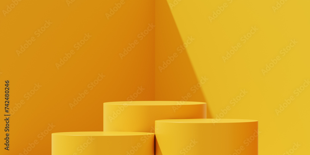 Leinwandbilder Empty yellow product podium display 3d room background with minimal pedestal show stand modern platform abstract light shadow showroom presentation backdrop cosmetic template geometric summer shelf.