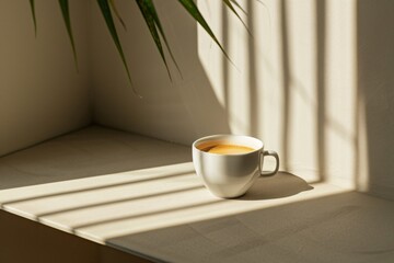 An Espresso Coffee Cup Bathed in Soft Diffused Sunlight Streaming through a Nearby Window