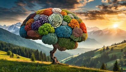Silhouette of a brain with nature materials in front of epic background - obrazy, fototapety, plakaty