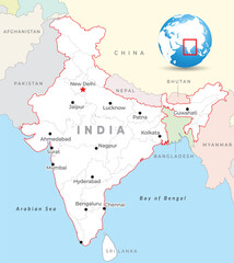 India map with capital New Delhi, most important cities and national borders - obrazy, fototapety, plakaty