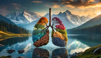 Silhouette of a lung with nature materials in front of epic background