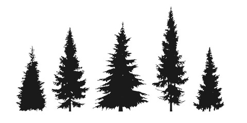Fir, pine tree silhouette set. Forest, spurce icons. Coniferous trees. Vector illustration. - obrazy, fototapety, plakaty