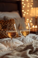 Close up cozy and romantic room with glasses of white wine on bed