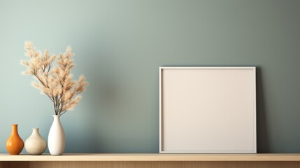 Mockup frame on table, ceramic vase with dry grass and sunlight shadow