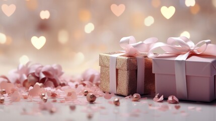 Gifts and pink hearts on a bokeh background for a wedding with copy space