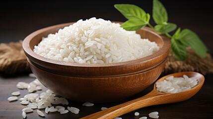 Obraz na płótnie Canvas White rice in wooden bowl and wooden spoon with cooked rice on wooden background
