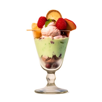 ice cream with fruits in glass, PNG image.