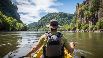Kayaking down a river with ample blank space, ideal for outdoor adventure concept