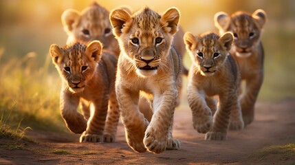 Obraz premium A large group kittens of lion (cub of lion) and lioness (female of lion) are moving on savanna's road. It is a good illustration on soft light which shows wild life and natural habitat