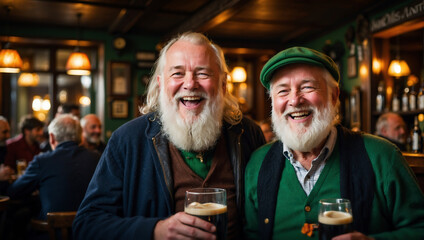 Lebensfrohe irische Senioren genießen St. Patricks Day in uriger Kneipe - obrazy, fototapety, plakaty