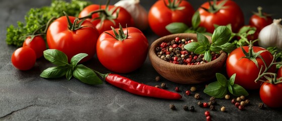 Tomatoes and basil on a dark background.