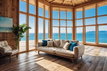 Foto op Canvas Experience luxury in this beach house with a living room overlooking the ocean. Enjoy the sofa on wooden floors, framed by a panoramic view of the sea, beach, and blue sky. Perfect for summer getaways © Design_Stock