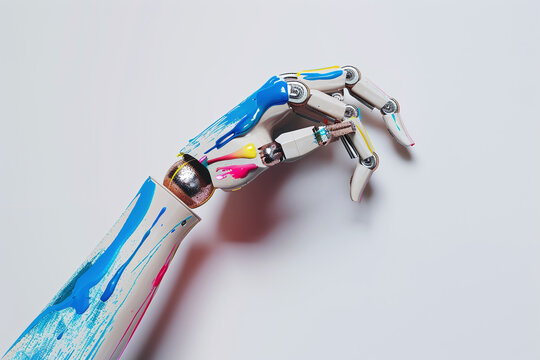 Robot hand in paint on white background. Artificial intelligence tries to draw