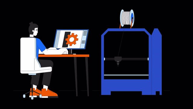 3D printing in mechanical engineering line cartoon animation. Prototyping 4K video motion graphic. 3d printer technician at computer 2D linear animated character isolated on transparent background