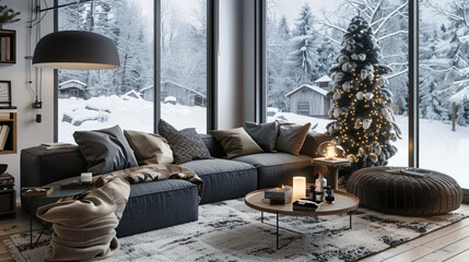 Idea of a blue Scandinavian living room.
