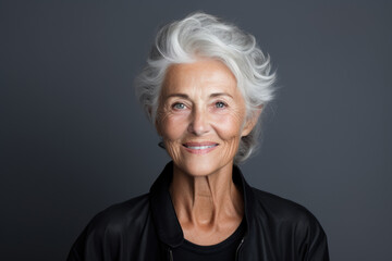 Close up portrait of beautiful older woman smiling and standing by wall