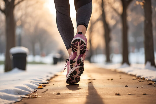 A woman jogging in a park on a winter afternoon