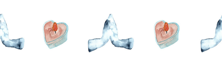 Watercolor candle and praaaaay hnds border.Christian seamless border. Hand painted illustration on white backround.