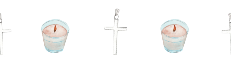 Watercolor candle and  cross border.Christian seamless border. Hand painted illustration on white backround.