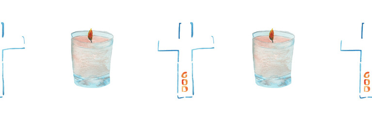 Watercolor candle and  cross border.Christian seamless border. Hand painted illustration on white backround.