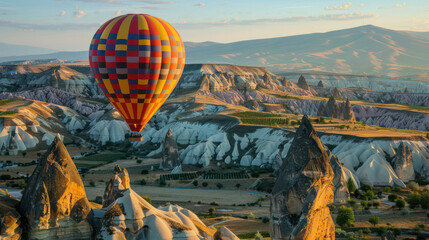 A hot air balloon decorated with a colorful checkered pattern floats above. Cappadocia in Turkey - obrazy, fototapety, plakaty
