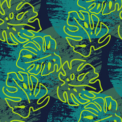Monstera leaves decorative seamless pattern for textile design, fabric print, digital or wrapping paper, wallpaper, background and backdrop, decoration. Tropical summer holiday theme.
