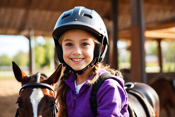 A cheerful young girl at a horse riding lesson looks at the camera while riding, wearing a horse...