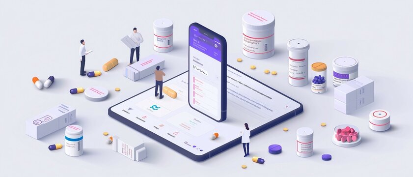 an illustration of a 3d mobile app aiding individuals in tracking and managing their medication schedules. prescription compliance.