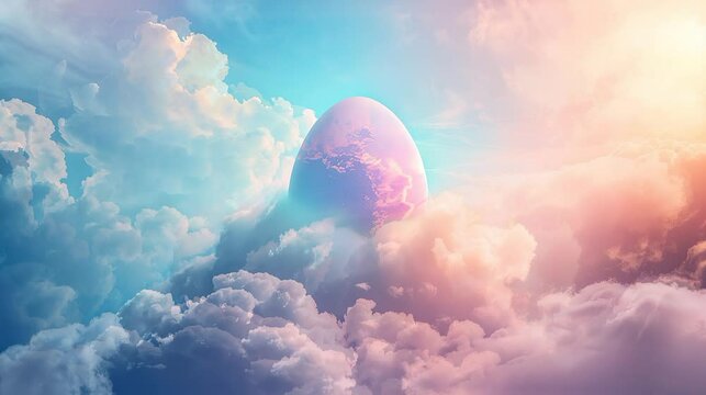 big easter egg in the top of mountain in dewy scena and animated pink cloud easter egg painted like a planet happy easter video background