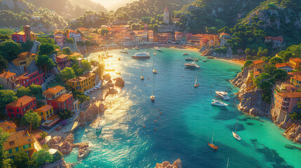Villefranche-sur-Mer Showcasing the bright colors of the city The Mediterranean Sea is the background. bright blue sea