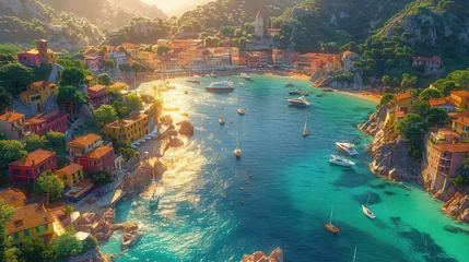 Fotobehang Villefranche-sur-Mer, Franse Riviera Villefranche-sur-Mer Showcasing the bright colors of the city The Mediterranean Sea is the background. bright blue sea