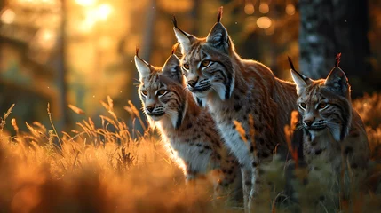 Fotobehang Lynx family in the forest clearing in summer evening with setting sun. Group of wild animals in nature. © linda_vostrovska