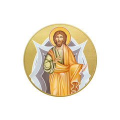 Orthodox traditional image of Jesus. Golden christian medallion in Byzantine style on white background