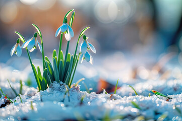 Snowdrop plant in the ground covered in snow. the beauty of nature resilience in the winter...
