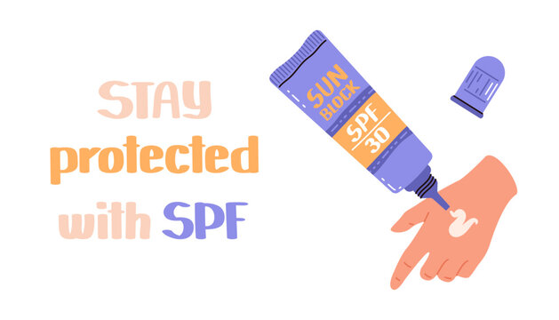 Stay protected with spf. UV safety month - July. Using sunscreen lotion every day. Vector flat banner to raise awareness of skin protection from harmful ultraviolet radiation.