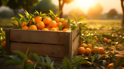 Tangerines harvested in a wooden box with orchard and sunshine in the background. Natural organic fruit abundance. Agriculture, healthy and natural food concept. Horizontal composition. - obrazy, fototapety, plakaty