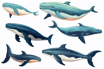 Set of whales on a white background.