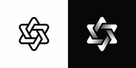 Vector logo design of variations of abstract hexagon star shape with transparent depth effect.