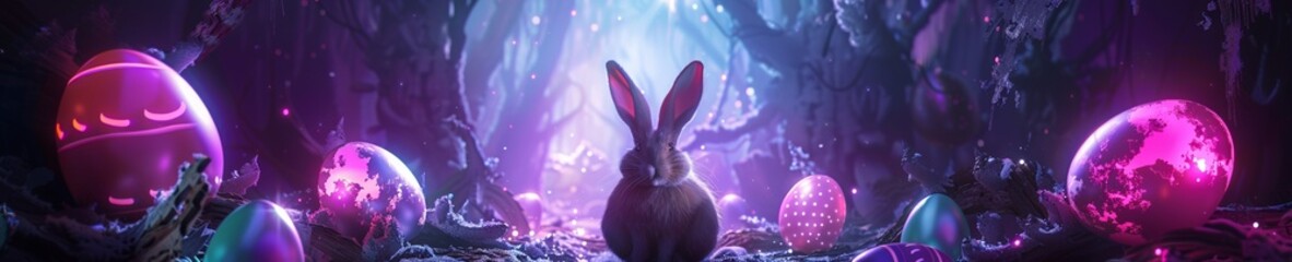 Cyber Bunny with illuminated fur amidst neon Easter eggs in a virtual reality landscape - obrazy, fototapety, plakaty