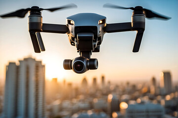 A UAV drone hovering above urban buildings against the backdrop of a colorful sunset.