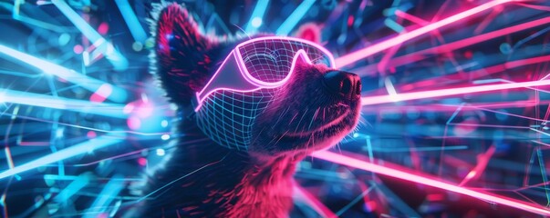 Energetic cyber dog with pulsating neon lines in an interactive virtual reality environment