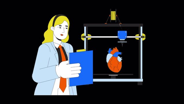 3d printed heart replica line cartoon animation. Medicine technology prototyping 4K video motion graphic. 3d printer medical bioengineer 2D linear animated character isolated on transparent background