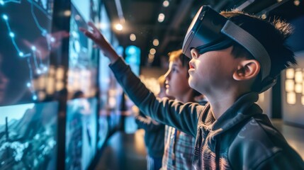 History Lesson in an interactive VR museum students traveling through time - obrazy, fototapety, plakaty