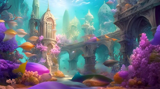 Abstract animation underwater ruins emerge from the depths. Submerged relics, sunken monuments, marine archaeology, forgotten history, eerie beauty, underwater exploration, mystical