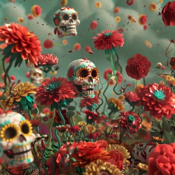 Imagine a captivating 3D animation where colorful dancing flowers merge with spinning sugar skulls in celebration of the Day of the Dead
