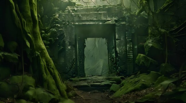 Abstract animation of door standing in the forest. Time-worn, secretive, mossy, ancient, greenery, mysterious, wooded, secluded, historical, rustic, natural, hidden. Generated by AI.