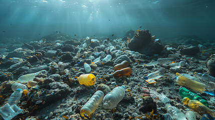 Fototapeta na wymiar a lot of plastic bottles are floating in the ocean