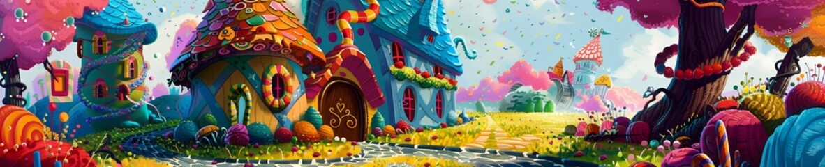 Paint a whimsical cottage made of candy in a magical land - obrazy, fototapety, plakaty
